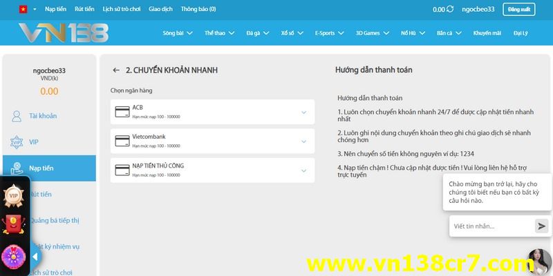 Nạp tiền VN138 thông qua tài khoản ngân hàng